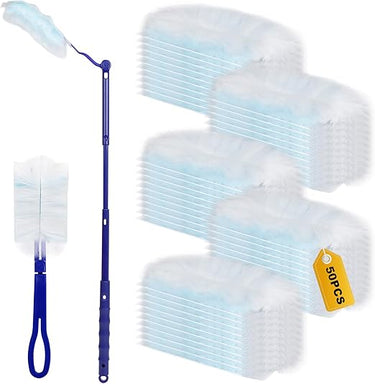 AiQInu 52 Piezas Recambios para Plumero de Polvo, 50 Recarga De Plumero Manual con 1 Mango Largo Y 1 Mango Corto, Paño de Microfibra para Recambio de Plumero, para Pelo de Animales, Polvo, Suciedad